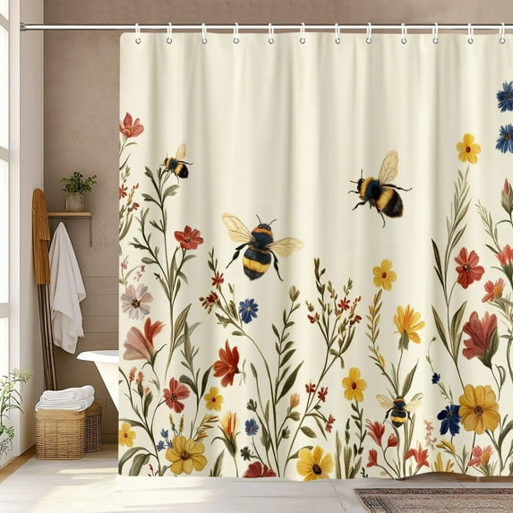Boho Floral Bee Shower Curtain Vintage Chic Bee Botanical Floral Farmhouse Cottagecore Aesthetic Shower Curtain Set with Hook Nature Garden Plant Shower Curtain for Bathroom-36"W x 72"L (Pack of 1)