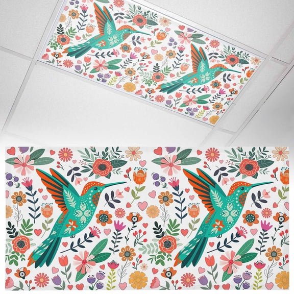 Boho Floral Bird Fluorescent Light Covers Leaf Colorful Botanical Rustic Cartoon Magnetic Light Filters Ceiling Lighting Panel Shade for Classroom Office Home 2 x 4 ft, 1 Pack