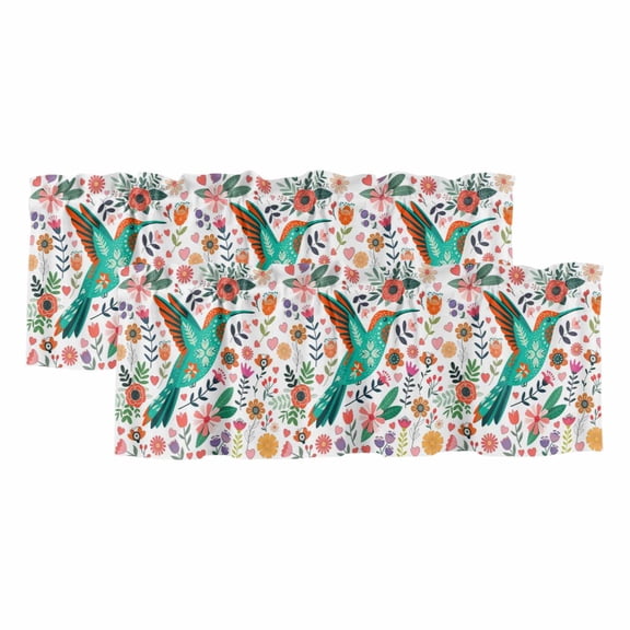 Boho Floral Bird Valances for Window 2 Pack, Leaf Colorful Botanical Rustic Cartoon Rod Pocket Curtains Valances Light Filtering Short Curtains for Kitchen Bedroom Bathroom 42 x 12 Inch