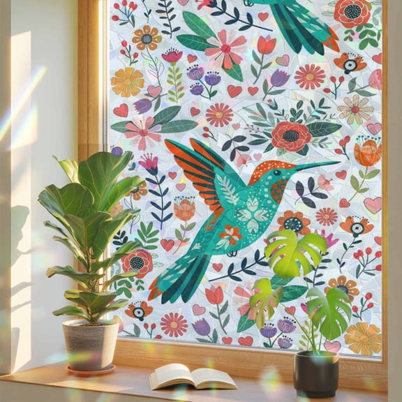 Boho Floral Bird Window Privacy Film, Leaf Colorful Botanical Rustic Cartoon Stained Glass Rainbow Film Decorative Window Clings, Static Cling Sun Blocking Stickers 19.6" x 39.3"