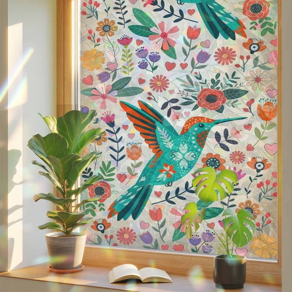 Boho Floral Bird Window Privacy Film, Leaf Colorful Cartoon Rustic Botanical Stained Glass Rainbow Film Decorative Window Clings, Static Cling Sun Blocking Stickers 17.7" x 39.3"
