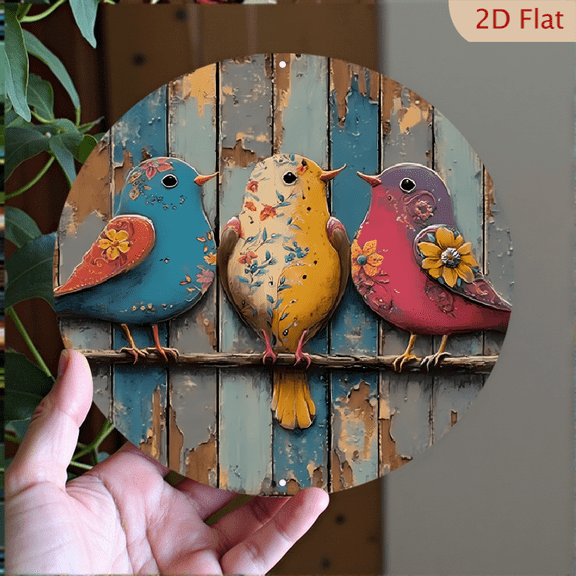 "Boho Floral Birds" Rustic Farmhouse Wall Art Decor, 8" Round Aluminum Wall Art Sign, Metal Signs, Wall Decor For Kitchen, Door, Office, Bedroom Decor, Best Gifts For Room, Home, Weird Decor, 2D Flat