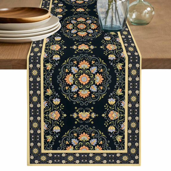 Boho Floral Black Table Runner 108 Inches Long, Geometric Ethnic Tribe Cotton Linen Table Runners Dresser Scarves, Decorative Fabric Tabletop Scarf Furniture Cover for Home Dinner Party 13"x108"