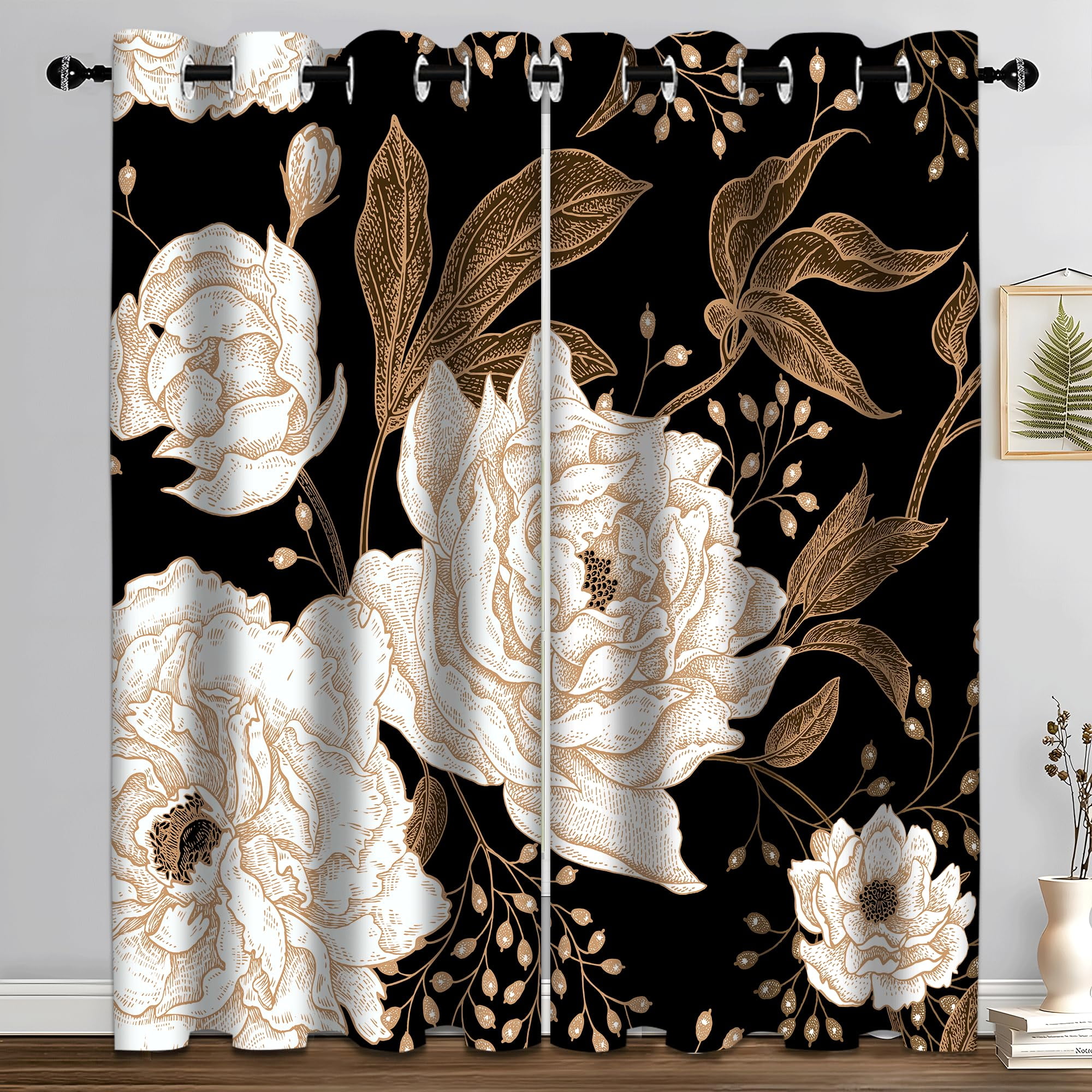 Boho Floral Blackout Curtain, Black Gold Flowers Aesthetic Art Curtains Darkening Thermal Insulated Grommet Window Drapes for Living Room Bedroom Decor 2 Panels 52x84 Inches