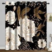 Boho Floral Blackout Curtain, Black Gold Flowers Aesthetic Art Curtains Darkening Thermal Insulated Grommet Window Drape