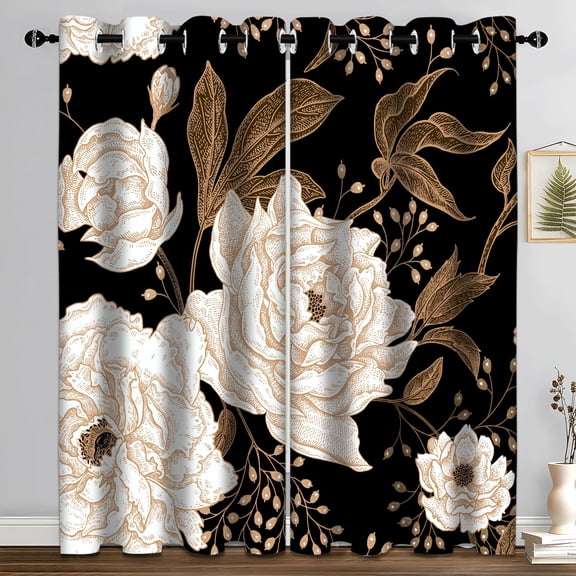 Boho Floral Blackout Curtain, Black Gold Flowers Aesthetic Art Curtains Darkening Thermal Insulated Grommet Window Drapes for Living Room Bedroom Decor 2 Panels 52x84 Inches