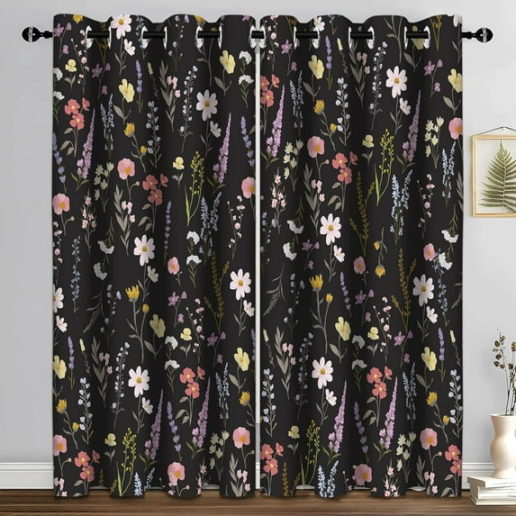 Boho Floral Blackout Curtain, Colorful Flower Leaves Nature Botanical Black Window Curtains Darkening Thermal Insulated Grommet Window Drapes for Living Room Bedroom Decor 26"W x 54"L (Pack of 2)