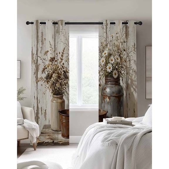 Boho Floral Blackout Curtains 2 Panels Vintage Dried Flowers Milk Jugs Wood Grain Thermal Insulated Grommet Window Curtains for Bedroom Living Room 42"x45"