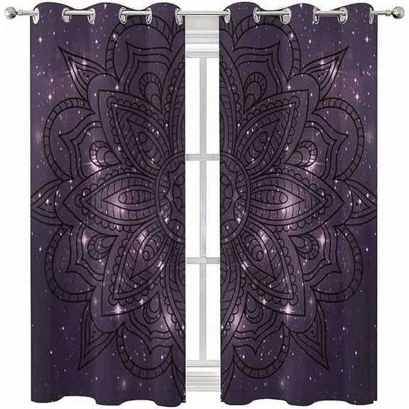 Boho Floral Blackout Curtains, 3D Galaxy Purple Space Stars Print Window Curtains, Thermal Insulated Darkening Grommet Drapes Set For Living Room Bedroom Kitchen Decor 42"W x 63"L (Pack of 2)