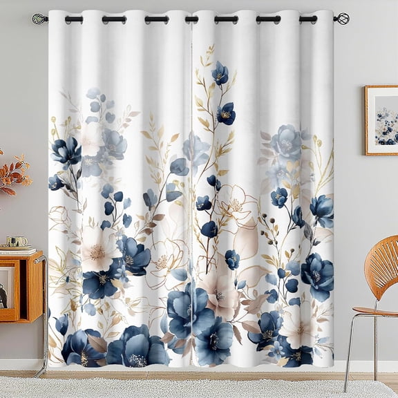 Boho Floral Blackout Curtains 84 Inch Long 2 Panels Set, Navy Blue and Gold Flower Cute Black Out Patterned Printed Window Curtain for Bedroom Living Room, Grommet Window Drapes 84x42in