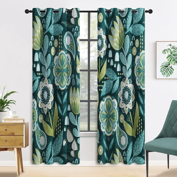 Boho Floral Blackout Curtains for Bedroom Windows, Plant Leaves Print Curtains for Living Room, Dark Green Bohemian Dining Room Curtain Draperies 2 Panel Sets, 52" X 84"