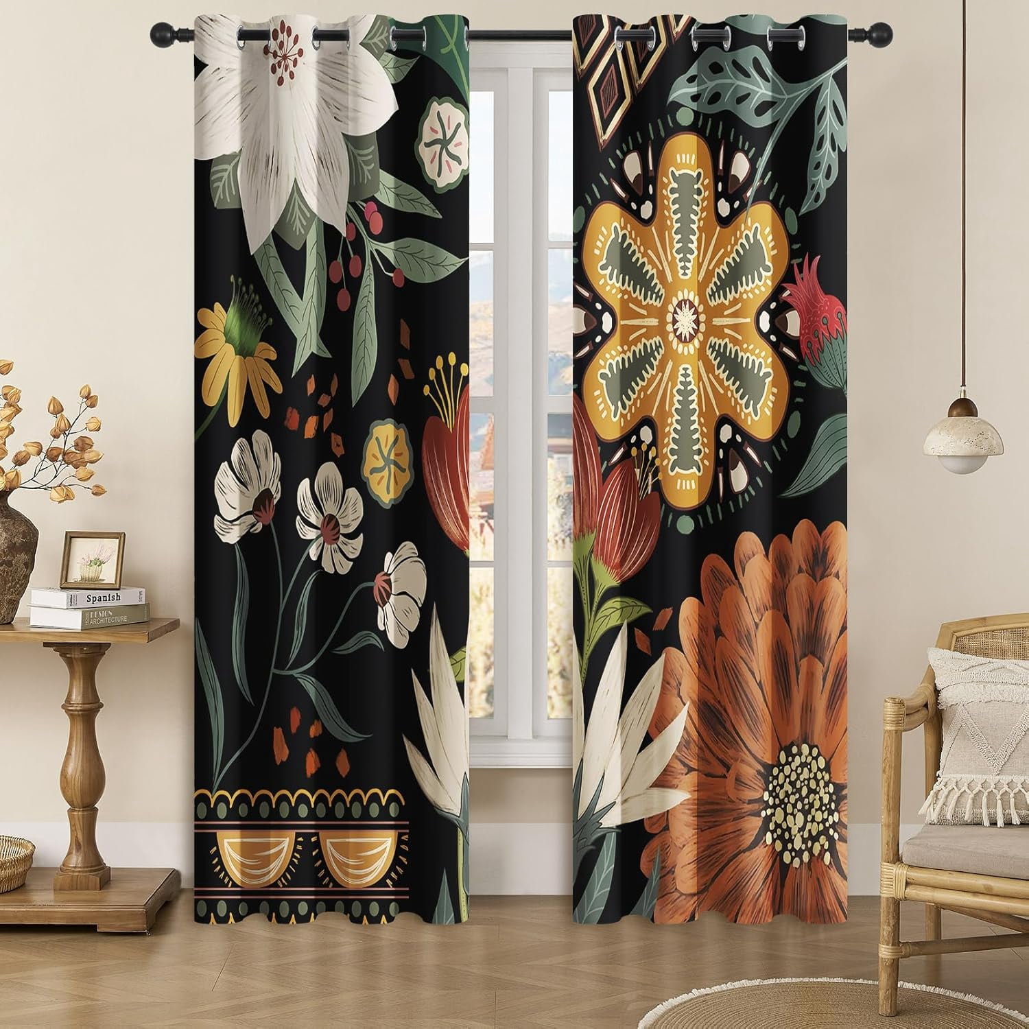 Boho Floral Blackout Curtains for Bedroom Windows, Plant Leaves Print ...