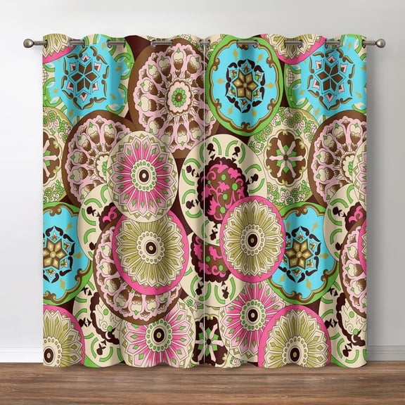 Boho Floral Blackout Curtains, Bohemian Tropical Flower Print Decor, Abstract Mandala Painting Patterned Grommet Window Drapes for Home Bedroom Living Room, 42 Wide 84 Long inches 2 Panels