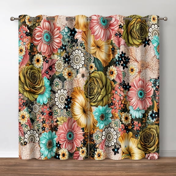 Boho Floral Blackout Curtains Colorful Flowers Bohemian Decor for Bedroom Living Room Grommet Window Drapes 2 Panel Set, 42"x63"