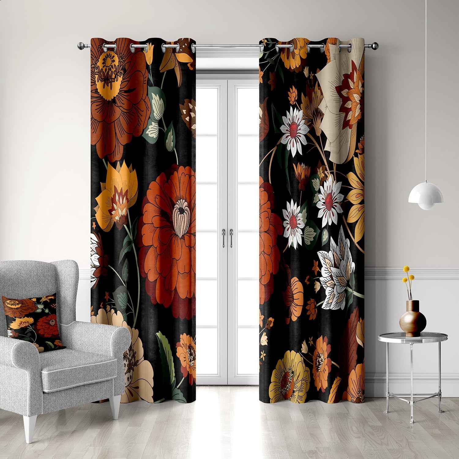 Boho Floral Blackout Curtains, Morden Mid Century Abstract Bohemian Flowers Botanical Tropical Leaves Darkening Window Drapes Grommet for Living Room Bedroom Decor 2 Panels 52"x84" Inches