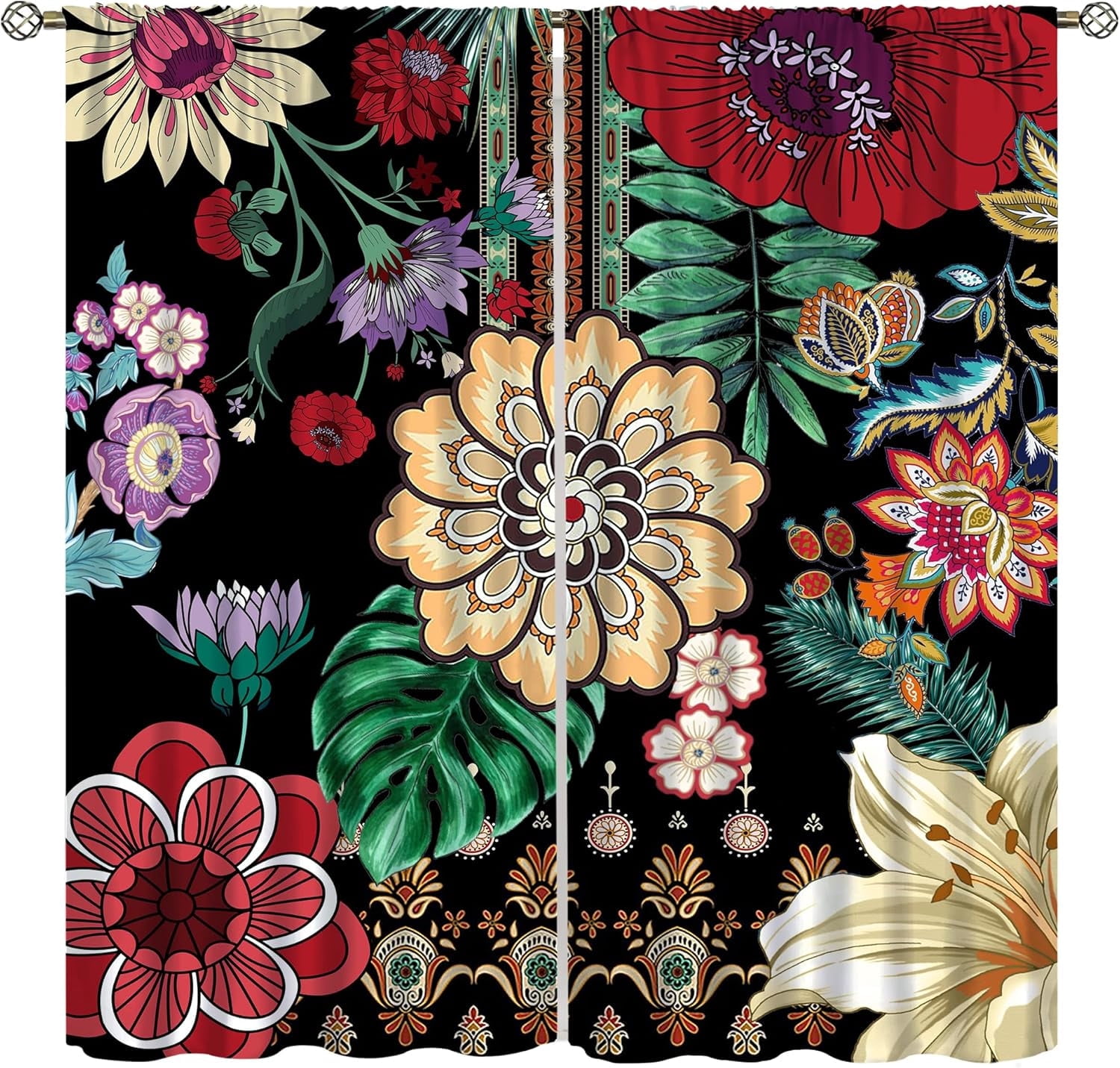 Boho Floral Blackout Curtains, Paisley Mandala Colorful Flowers Bohemian Decor for Bedroom Living Room Window Drapes 2 Panel Set,55x63 Inch