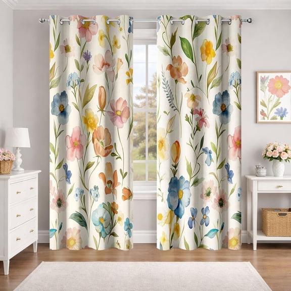 Boho Floral Blackout Curtains, Vintage Colorful Watercolor Wildflower Botanical Plant Leaves Room Darkening Thermal Insulated Grommet Window Drapes for Living Room Bedroom Decor 2 Panels 52x84 Inches