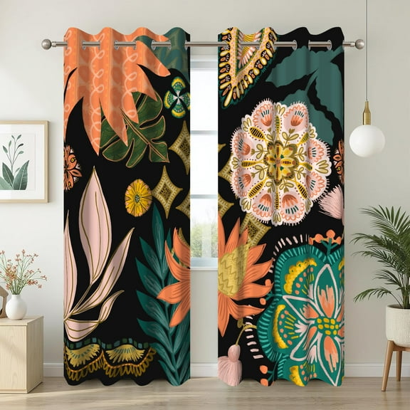Boho Floral Blackout Curtains for Living Room,Mid Century Botanical Window Drapes for Bedroom,52x84 Inch,2 Panels