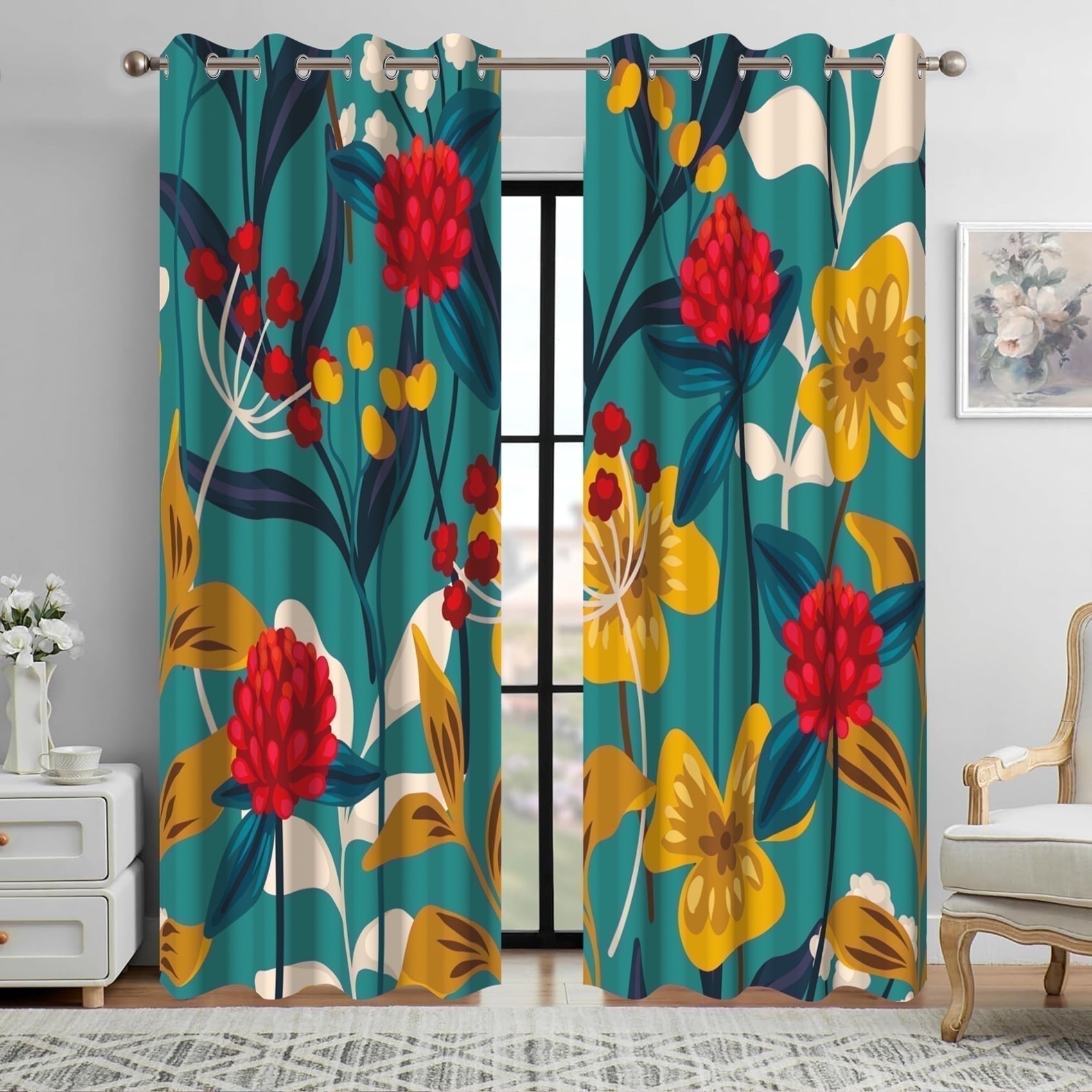 Dashan Boho Floral Blackout Curtains for Living Room,Farmhouse Blue Window Drapes for Bedroom,52x84 Inch,2 Panels