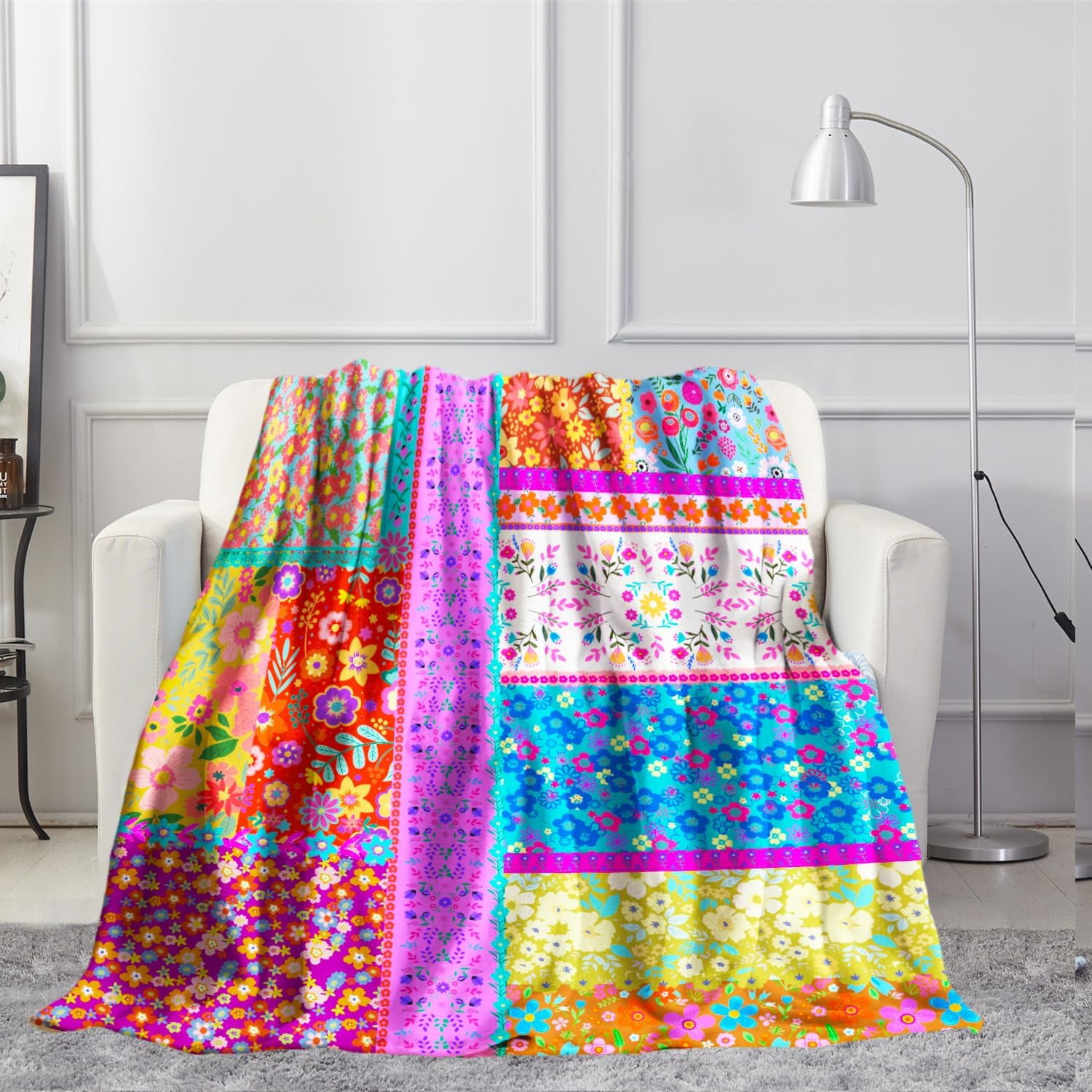 Boho Floral Blanket 50x60inch, Flannel Blanket Soft and Comfortable