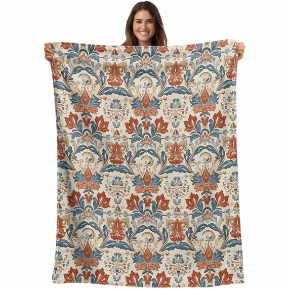 Boho Floral Blanket Soft Cozy Warm Throw Blanket for Couch, Plush Fuzzy Flannel Fleece Blankets for Sofa, Farmhouse Vintage Red Blue Flower Plant Bed Blankets Lightweight Gifts for Women, 40"x50"