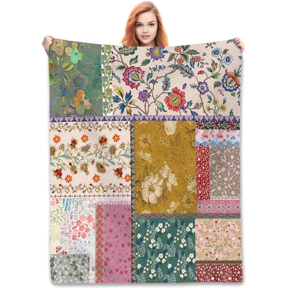 Boho Floral Blanket, Vintage Patchwork Flower Bohemian Colorful Retro Pattern Stitching Bohemian Fuzzy Fleece Fannel Throw Blankets for Sofa Bed Chair Couch Living Room Bedroom Gifts, 60"x80" Inch