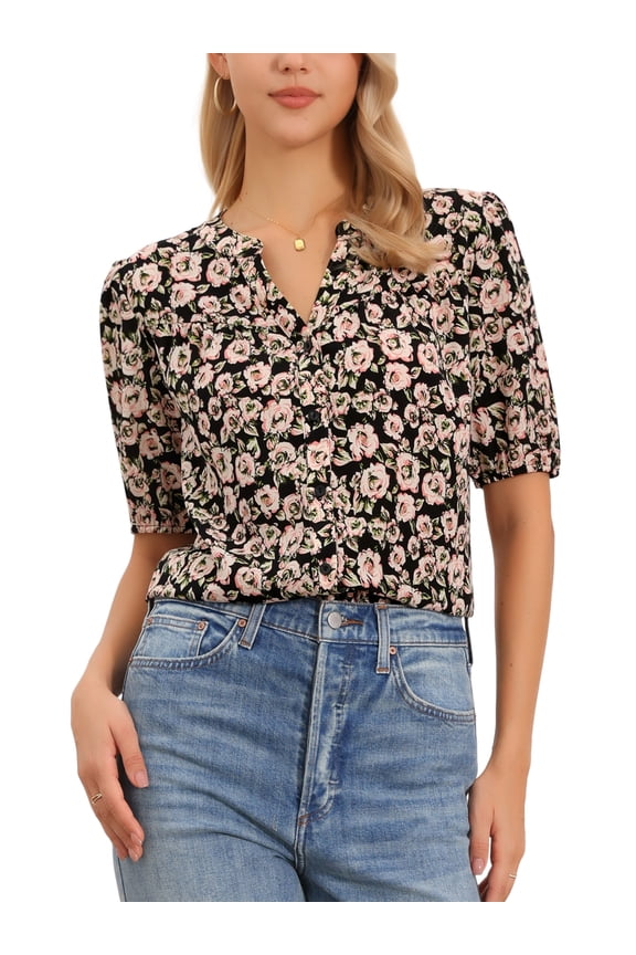 Boho Floral Blouse for Women's Button Up V Neck Dressy Casual Short Sleeve Tops XS Black