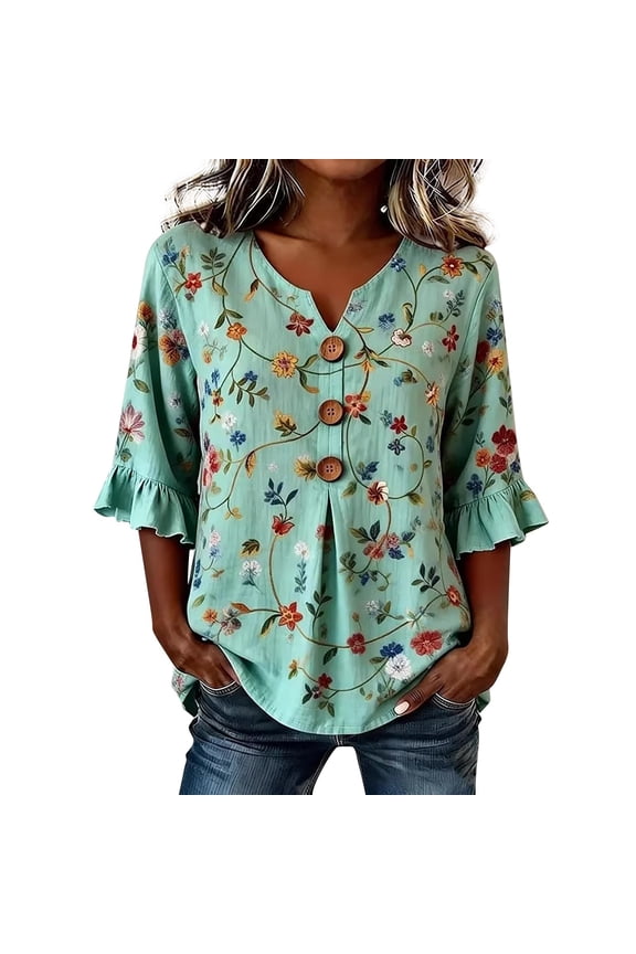 Boho Floral Blouses for Women Peasant Floral Button Shirts for Women Long Sleeve Top Summer Casual Clothes 2026 Dressy Blouses V Neck Ruffle 3/4 Sleeve Lightweight Boho Floral Print Graphic Tees