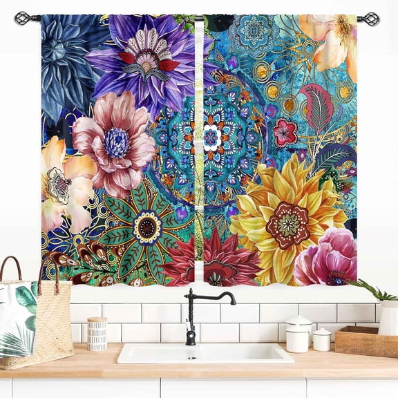 Boho Floral Bohemian Kitchen Curtains, Coloful Tropical Flower Blossom Retro Vintage Mandala Pattern Summer Spring Small Short Window Drapes for Bedroom Living Room Cafe 2 Panel Set, 55x39 Inch