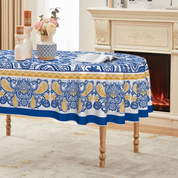 Boho Floral Bordered Tablecloth 60×84 Inch Oval, Paisley Blue Washable Seasonal Table Cover for Party Picnic Dinner Decor