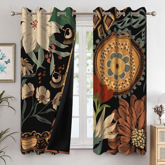 Boho Floral Botanical Blackout Curtains 63 Inch Length for Bedroom Living Room,Thermal Insulated Window Drapes Set of 2