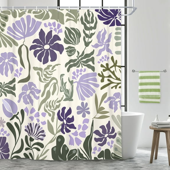 Boho Floral Botanical Shower Curtain, Cute Purple Abstract Mid Century Morden Flowers Leaves Plant Bathroom Curtain, Spring Summer Retro Funky Aesthetic Bathroom Decor Shower Cutain Sets, 72X72in