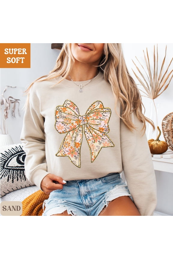 Boho Floral Bow TShirt Gift for Her Cozy Aesthetic Pullover Cute Cottagecore Crewneck Fall