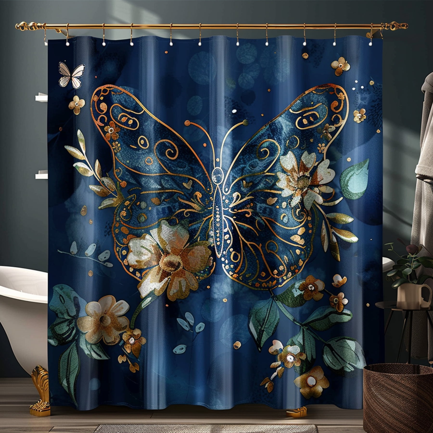 Boho Floral Butterfly Shower Curtain Set Dark Blue Background Elegant ...