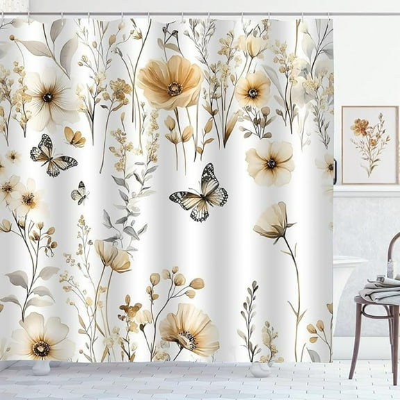Boho Floral Butterfly Shower Curtain Tan Beige Flower Leaves Botanical Aesthetic Shower Curtains For Bathroom Waterproof Polyester Fabric Bath Curtain 54"W x 72"L