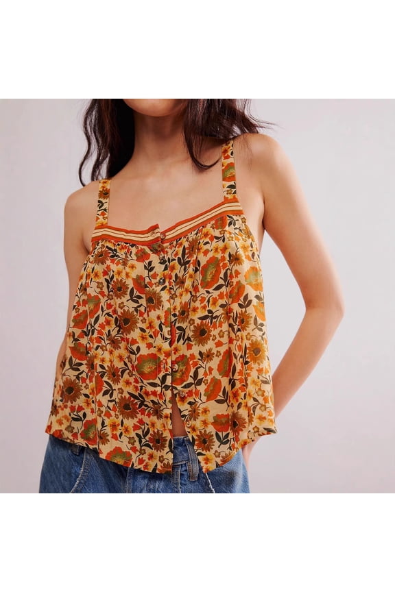 Boho Floral Button Front Camisole, Orange Sleeveless Spaghetti Strap Tank Top, Lightweight Summer Beach Vacation Blouse