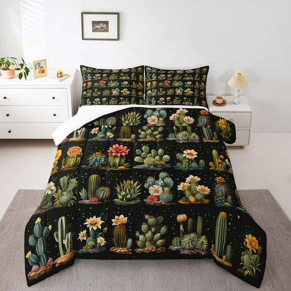 Boho Floral Cactus Queen Bedding Set,Green Plant Botanical Flower Comforter Set,Colorful Flowers Succulent Quilt Bed Set Watercolor Bed Comforter Set 3Pcs