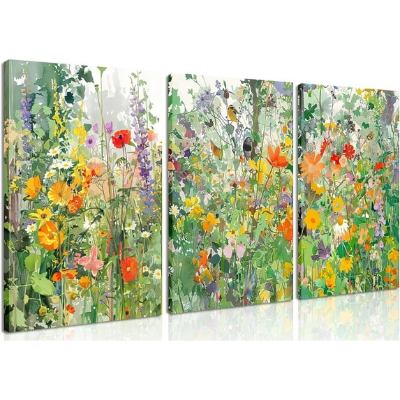 Boho Floral Canvas Wall Art Set of 3, Sage Green Wildflower Botanical Wall Decor Painting, Minimalist Watercolor Flowers Posters Prints for Bedroom Bathroom Living Room 16x24 In Framed