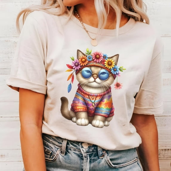 Boho Floral Cat TShirt Retro Hippie Style Cat Mom Gift - Walmart.com