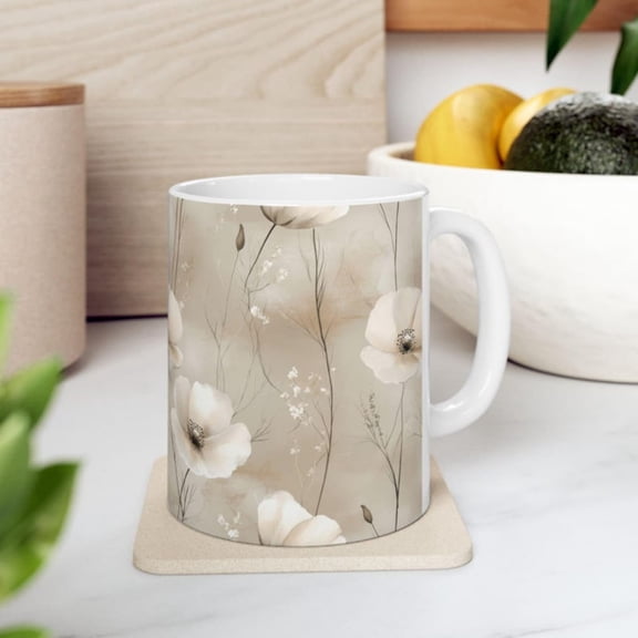 Boho Floral Ceramic Mug, Brown Flower Prinup Tea and Coffee, Unique Kitchen Dr, Mother's Day Gift, Birthday Present, Housewarming.