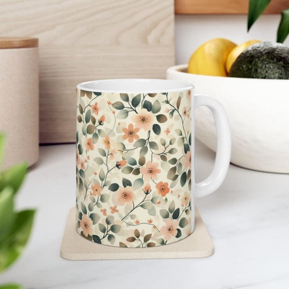 Boho Floral Ceramic Mug, Coffee Cup, Flower Print Tea Mug, Hippie Bohemian Drinkware, Unique Gift Nature Lover, Floral Pattern.