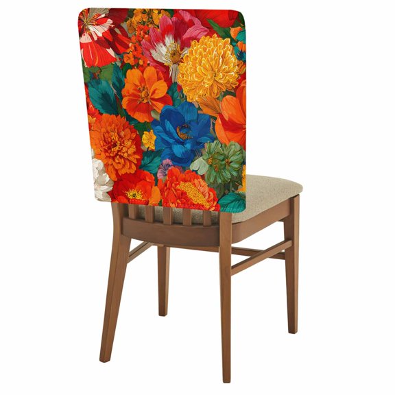 Boho Floral Chair Covers Set of 8 Marigold Dahlia Orange Yellow Blue Botanical Chair Back Covers Stretch Removable Washable Slipcovers Protector for Dining Room Kitchen Party Decor