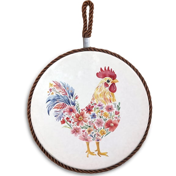 Boho Floral Chicken Ceramic Trivet for Hot Dishes Pots and Pans, Chicken Lover Lady Mom Gifts, Rustic Flower Rooster Hot Pads for Kitchen Countertops Table Dinning Room Home Decor