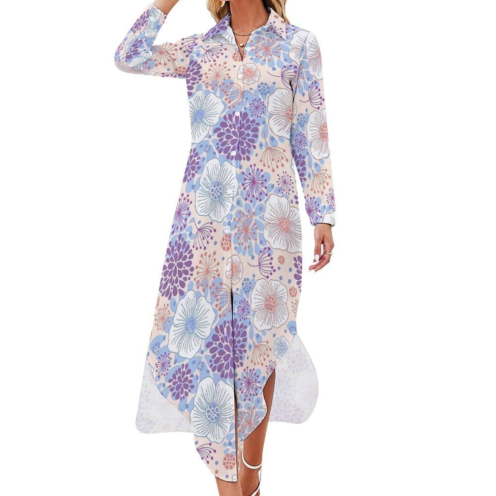 Boho Floral Chiffon Dress Vintage Flowers Print Retro Dresses Women Boho Floral Chiffon Dress Vintage Flowers Print Retro Dresses Women