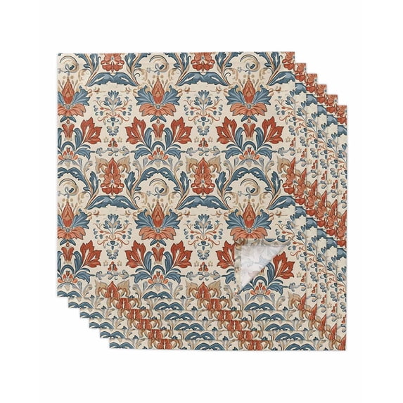 Boho Floral Cloth Napkins Set of 6 Reusable Dinner Napkins, Farmhouse Vintage Red Blue Flower Plant Cocktail Napkin Washable Table Napkins for Wedding/Holiday Party/Baby Shower 20"x20"