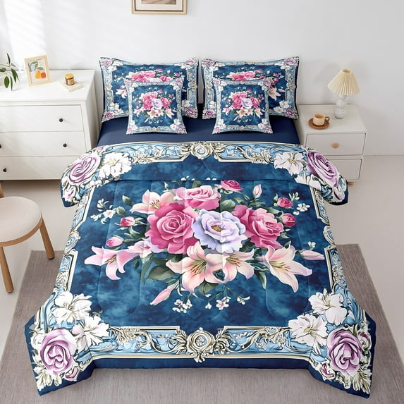 Boho Floral Comforter Set 7 Piece Bed in a Bag Twin,Bohemian Bedding Set,Garden Flowers Rose Comforter and Sheet Set Vintage Exotic Damask Bed Set,Antique Victorian Room Decor