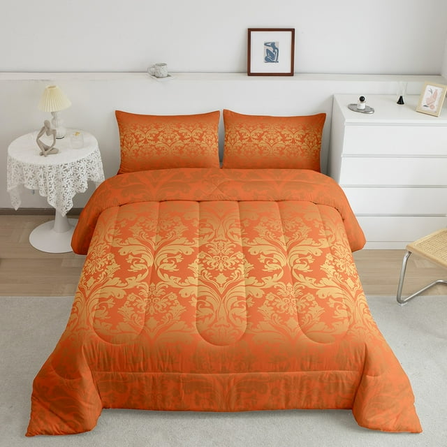 Boho Floral Comforter Set Victorian Queen Bedding Sets,Gothic Paisley Quilt Baroque Vintage Damask Goth Duvet Insert,Pastel Orange Antique Exotic Flowers Bohemian Decor