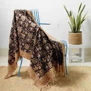 Boho Floral Cotton Throw Blanket   Handmade Block Print Sofa Throw, Vintage Black & Beige Decorative Blanket with Tassels, Lightweight Cozy Couch Cover