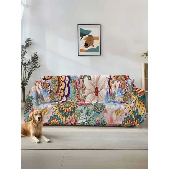 Boho Floral Couch Cover for Dogs, Bohemia Colorful Mandalas Botanical Flower Washable Sofa Covers Slipcover for Pets Dogs Futon Cover, Couch Recliner Covers, Oversized Chair Slipcover 71"x91"
