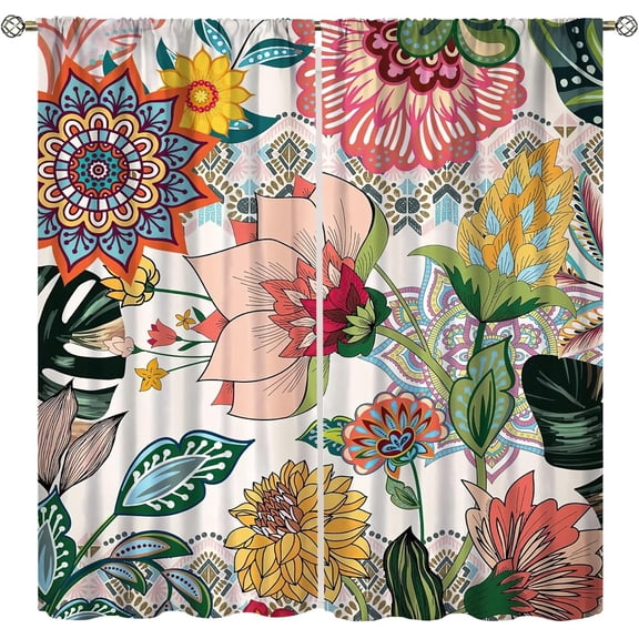 Boho Floral Curtains Rustic Bohemian Flower Colorful Mandala Plants Botanical Spring India Aesthetic Art Printed Living Room Window Drapes Treatment Fabric 52" x84 Blackout